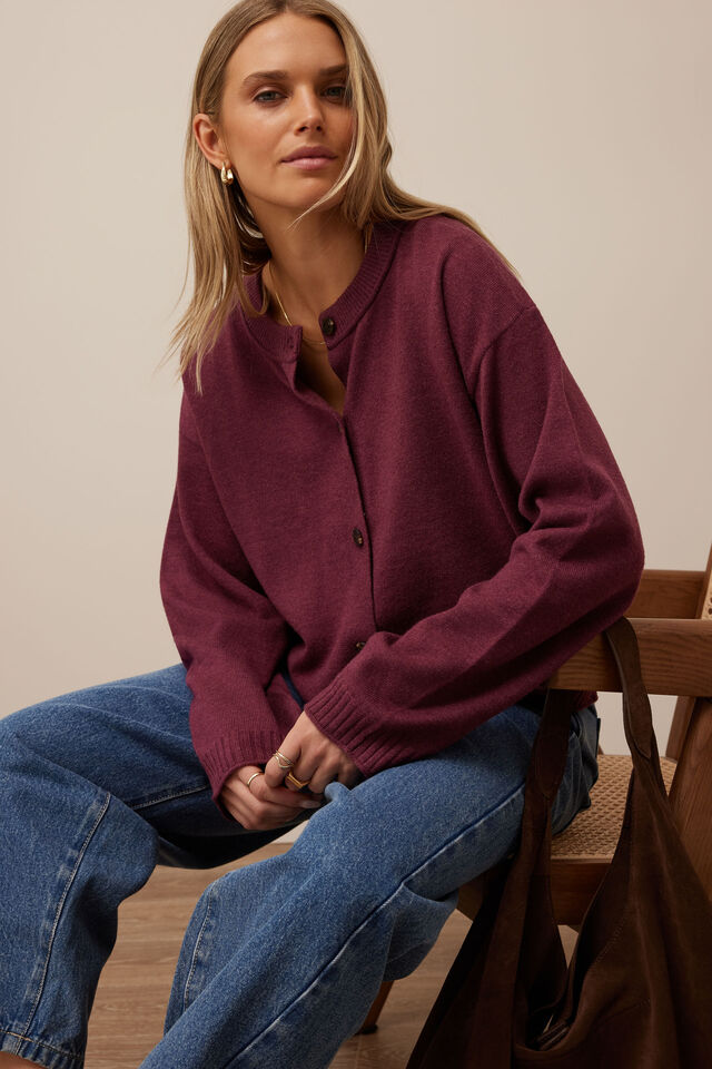 Pippa Long Sleeve Knit Cardi, WASHED BURGUNDY