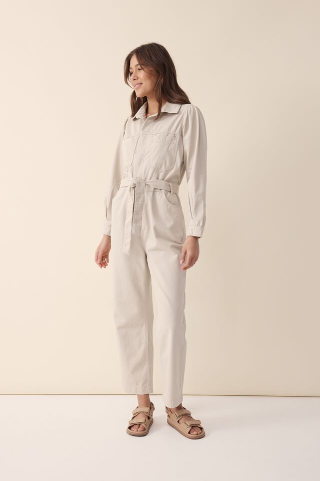 Puff Sleeve Jumpsuit, CHINO RESCUED FABRIC