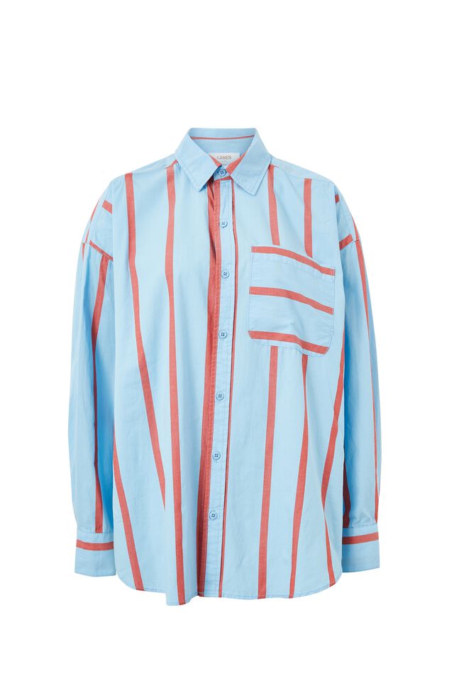 Oversized Poplin Shirt, FRESH BLUE SUNSET RED STRIPE ORGANIC COTTON