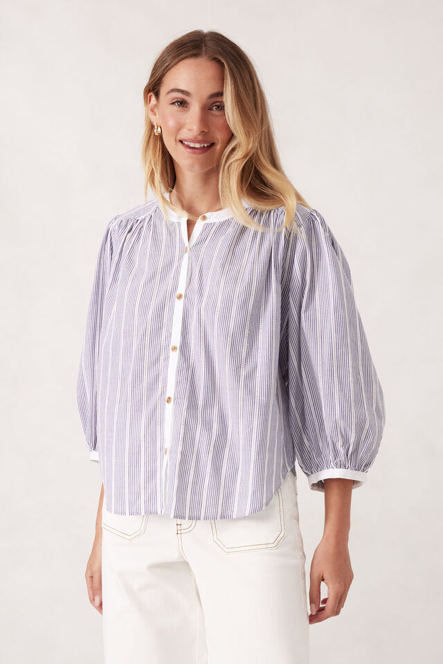 Woven Collarless Top, COLLEGE BLUE LADDER STRIPE