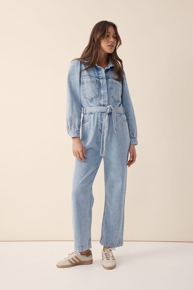 Puff Sleeve Jumpsuit, VINTAGE BLUE DENIM