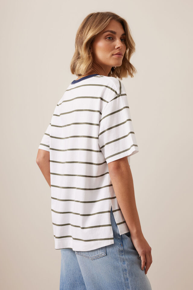 Stevie Slouchy Tee, WHITE/WASHED OLIVE STRIPE
