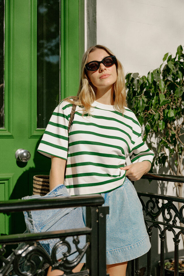 Boxy Terry Tee, WHITE WINTER GREEN STRIPE