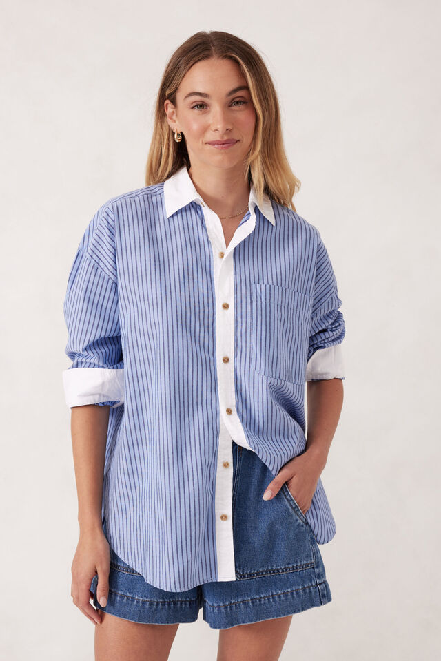 Peta Oversized Shirt, BLUE STRIPE WHITE COLLAR ORGANIC COTTON