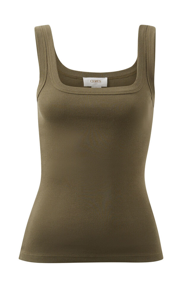 Zaeli Contour Rib Square Neck Tank, SOFT OLIVE