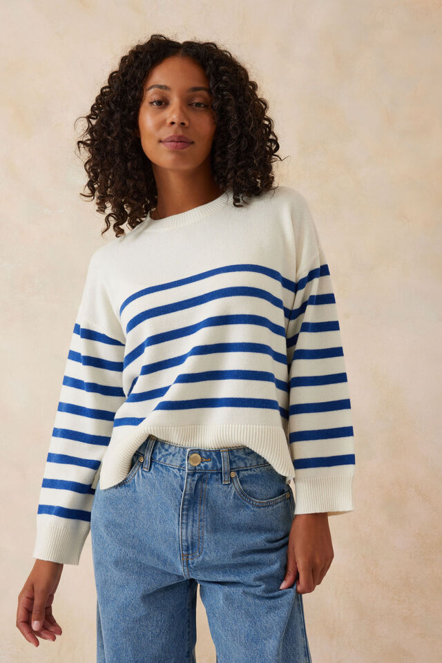 Boxy Knit With Embroidery, WINTER WHITE/BRIGHT BLUE STRIPE
