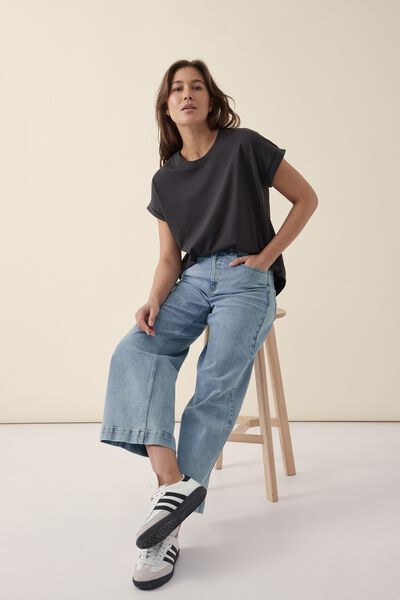 Roll Cuff Tee In Australian Cotton, PHANTOM