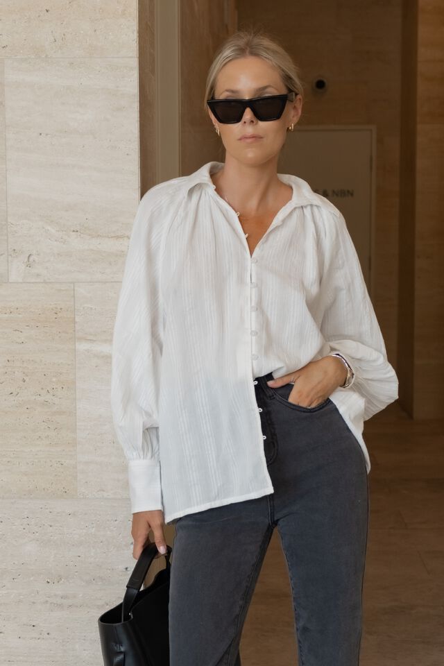Textured Button Front Shirt In Organic Cotton, WHITE