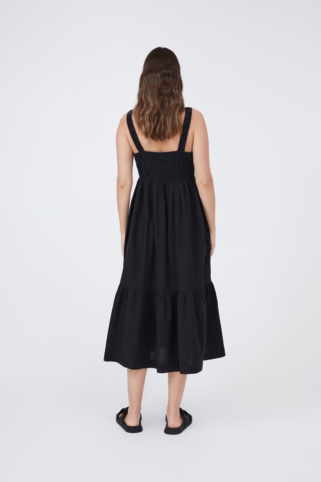 V Neck Strappy Midi Dress In Cotton Linen Blend, BLACK