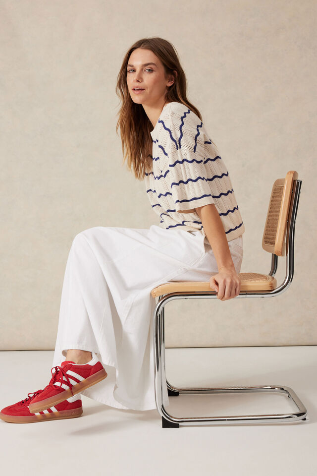 Short Sleeve Wavy Stripe Knit, ECRU/COLLEGE BLUE