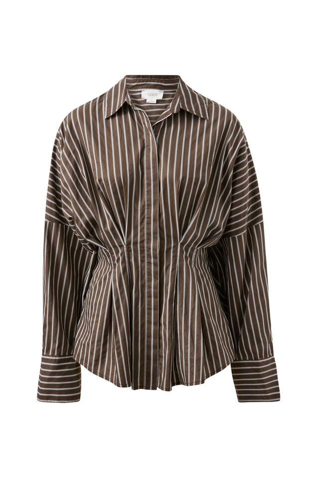 Ella Pleat Shirt, CHOCOLATE STRIPE