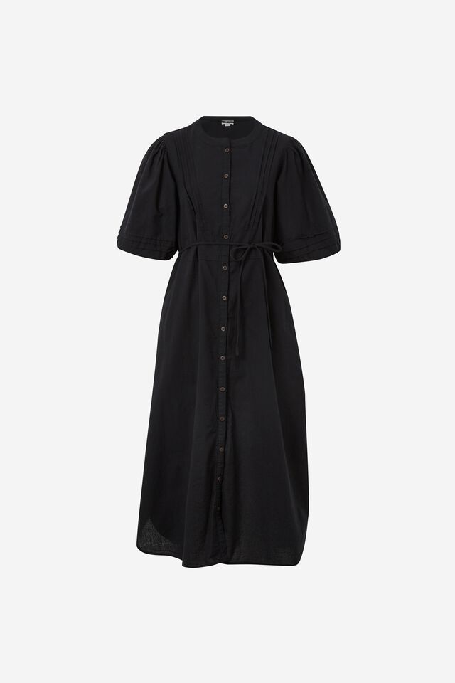Pintuck Midi Dress In Cotton Linen Blend, BLACK