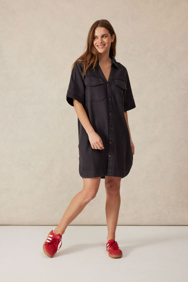 Relaxed Shirt Dress, WASHED BLACK TWILL