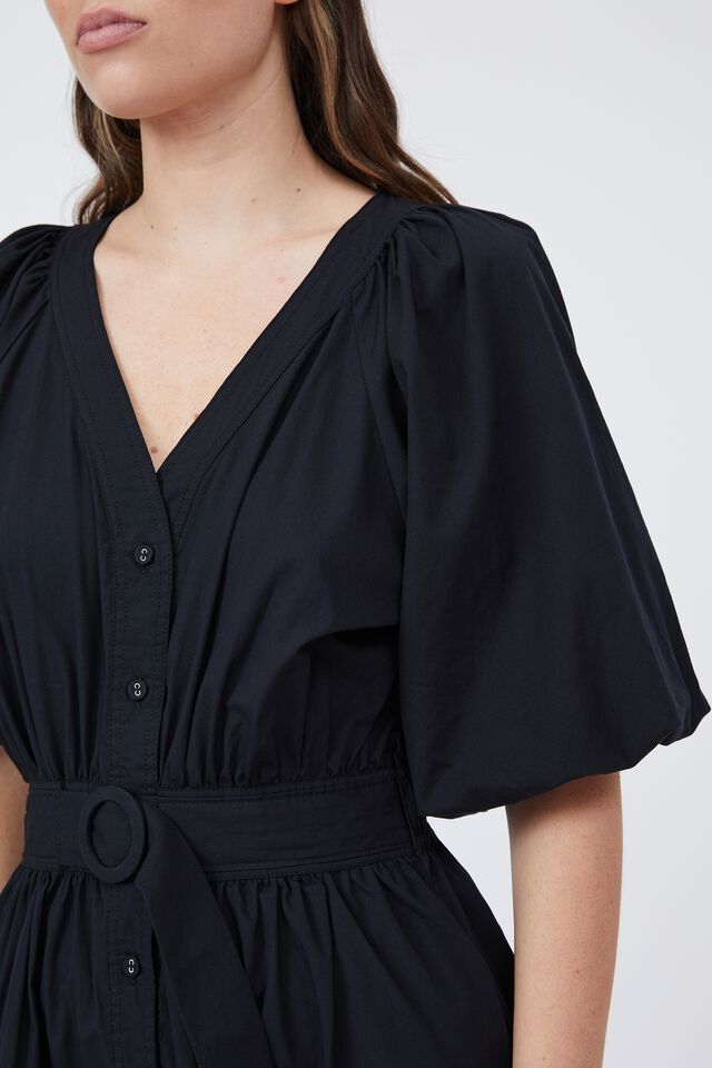 Belted Balloon Sleeve Dress In Organic Cotton, BLACK