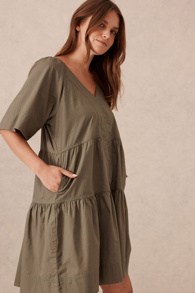 Tiered Poplin Mini Dress, SOFT OLIVE