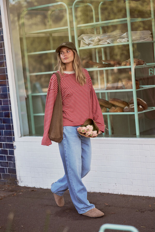 Beau Long Sleeve Slouchy Tee, MULBERRY/RED/STONE STRIPE