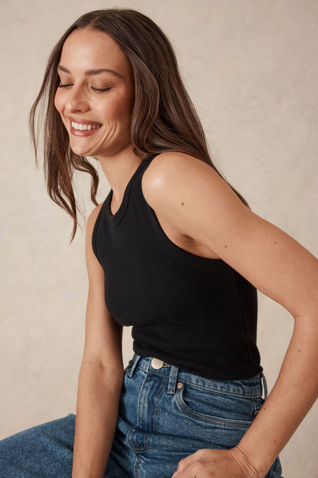 Contour Rib Hi Neck Tank, BLACK