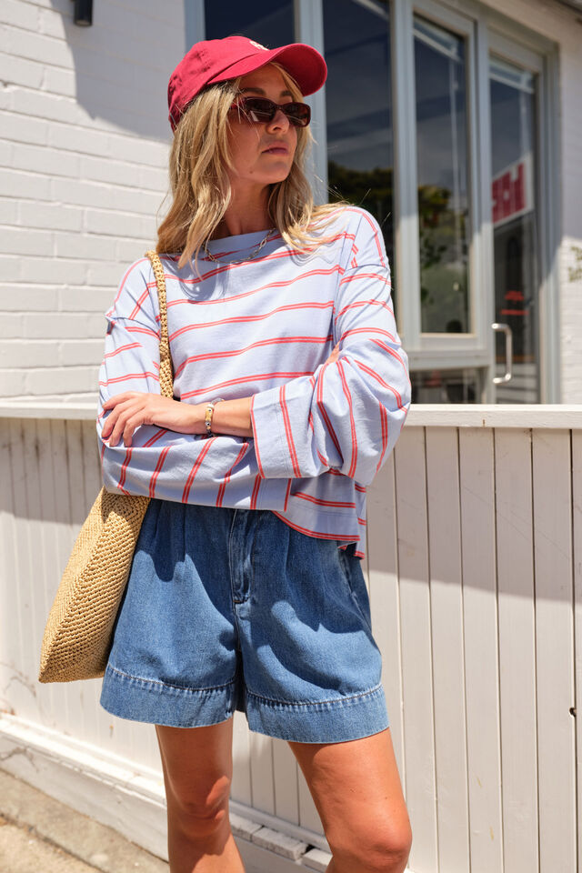Beau Long Sleeve Slouchy Tee, CHINA BLUE/VINTAGE RED DOUBLE STRIPE