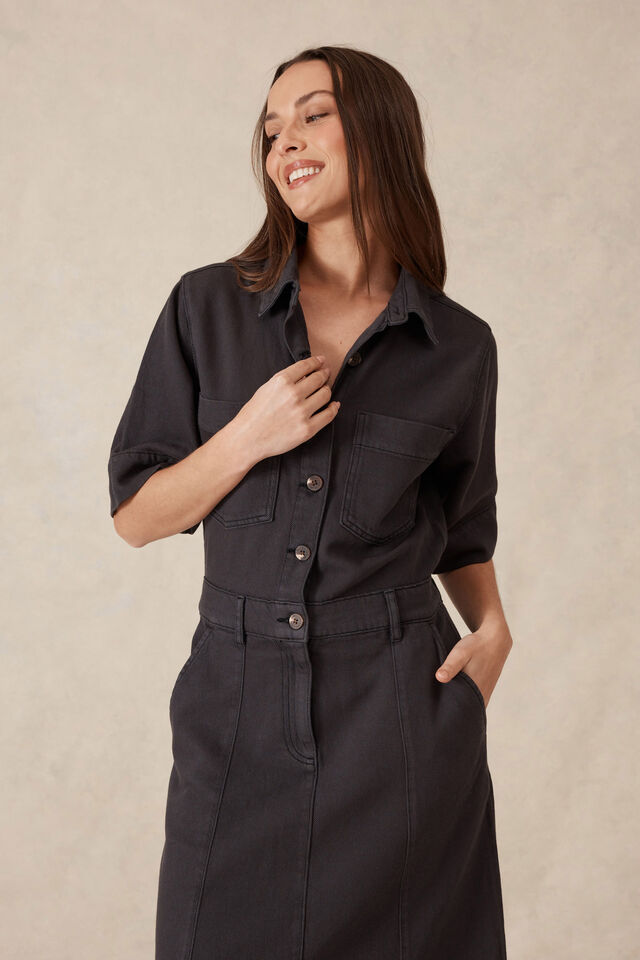 Short Sleeve Denim Maxi Shirt Dress, WASHED BLACK TWILL