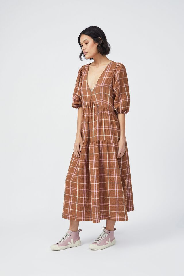 Check Smock Midi Dress In Textured Organic Cotton, GINGER SUMMER PINK CHECK