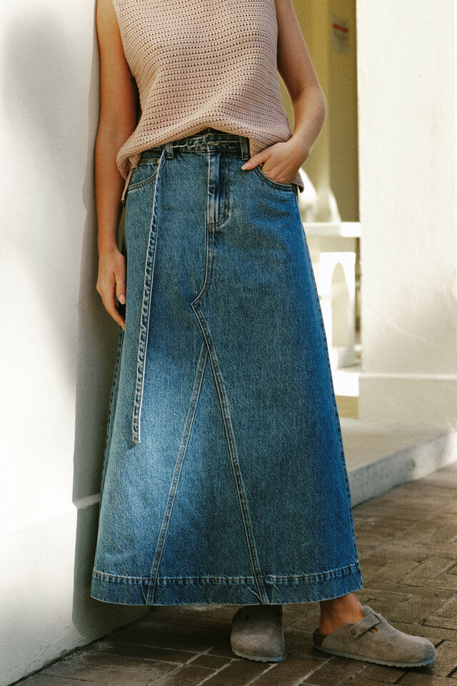 Tie Waist Denim Maxi Skirt, FRESH INDIGO