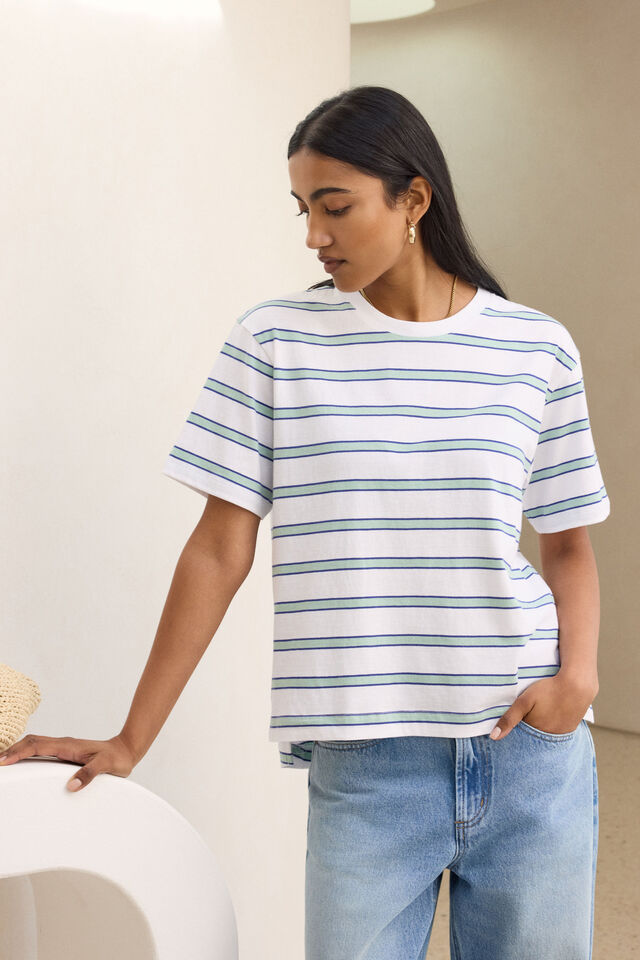 Stevie Slouchy Tee, WHITE/SEAFOAM STRIPE