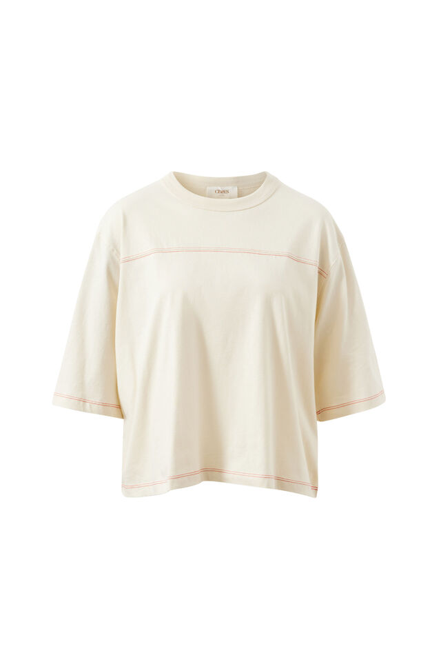 Devon Slouchy Seam Tee, BUFF/RED STITCH