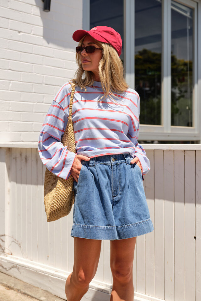 Beau Long Sleeve Slouchy Tee, CHINA BLUE/VINTAGE RED DOUBLE STRIPE