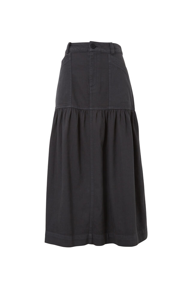 Tiered Midi Skirt, WASHED BLACK TWILL