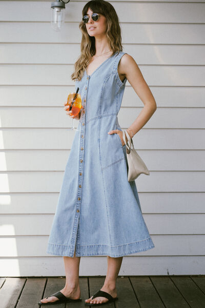 V-Neck Flared Midi Dress, WORN BLUE