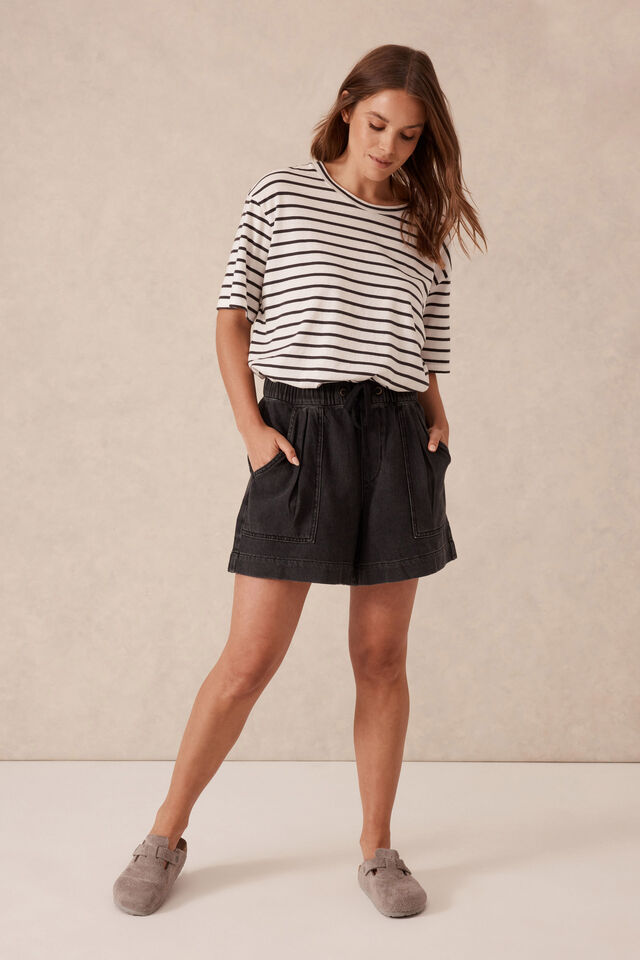 Slouchy Split Hem Tee, VANILLA /PHANTOM FINE STRIPE