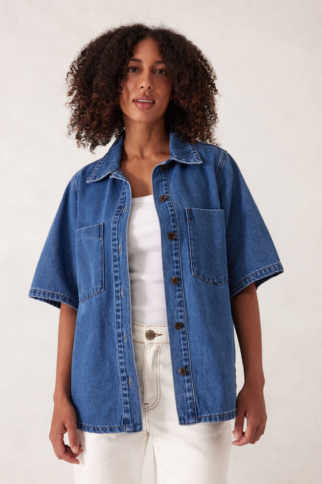 Short Sleeve Denim Shirt, MID INDIGO