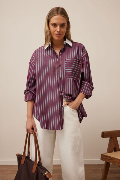 Peta Oversized Shirt, BURGUNDY WASHED NAVY STRIPE WHITE COLLAR