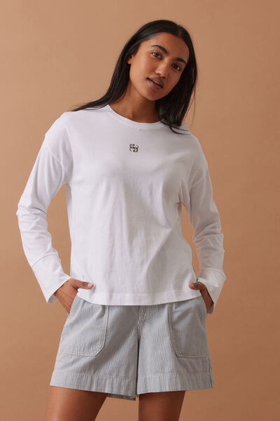 Scout Slouchy Long Sleeve  Tee, WHITE/MONOGRAM EMBROIDERY