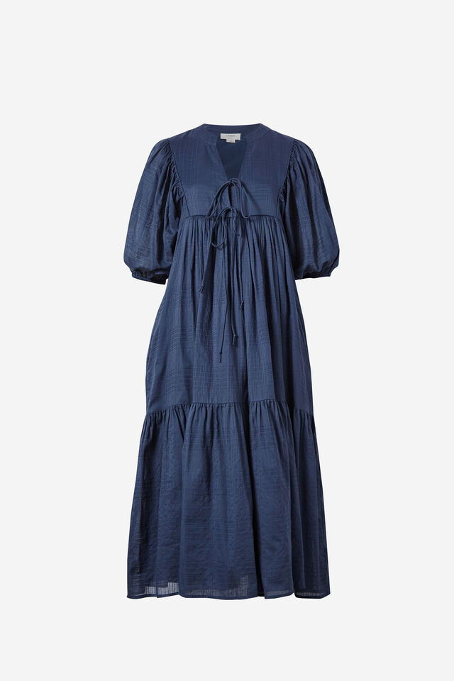 Tie Front Midi Dress In Organic Cotton Voile, SMOKE BLUE