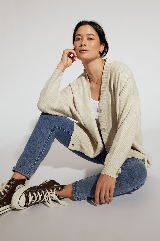Soft Knit Oversized Cardigan In Recycled Blend, OATMEAL MARLE