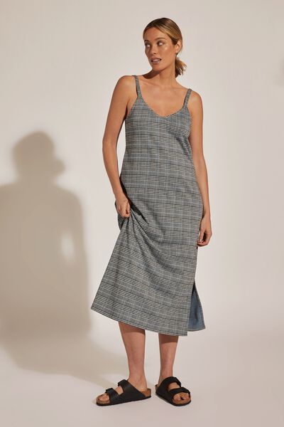 Slip Dress In Rescue Check, CHARCOAL CHECK