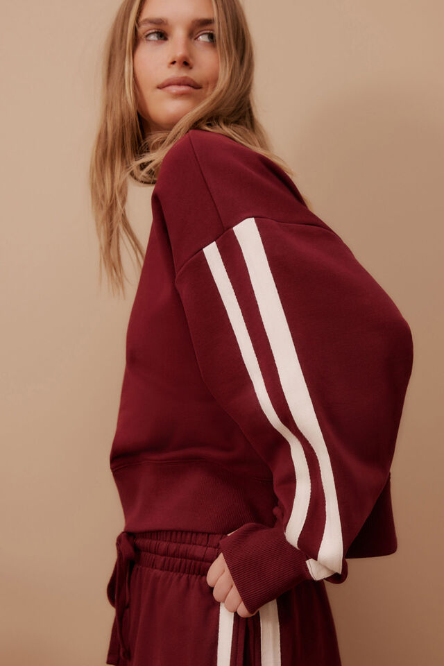 Sasha Sporty Slouchy Crew, BURGUNDY SIDE STRIPE