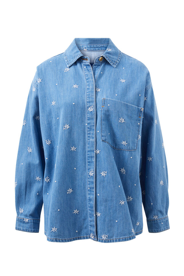 Embroidered Denim Shirt, VINTAGE BLUE FLOWER