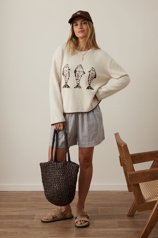 Mira Knitted Crew, ECRU CHOCOLATE SARDINE