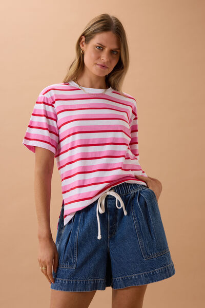 Stevie Slouchy Tee, HIBISCUS/HERITAGE RED STRIPE