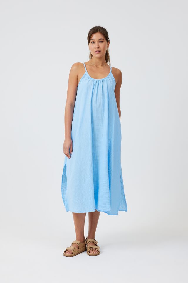 Doublecloth Strappy Midi Dress In Organic Cotton, BLUE SKY