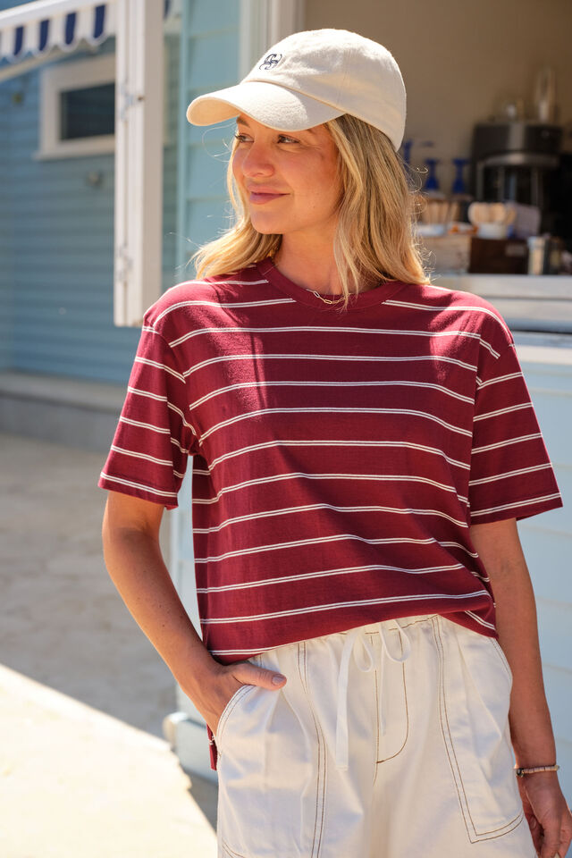Stevie Slouchy Tee, BURGUNDY/MILK STRIPE