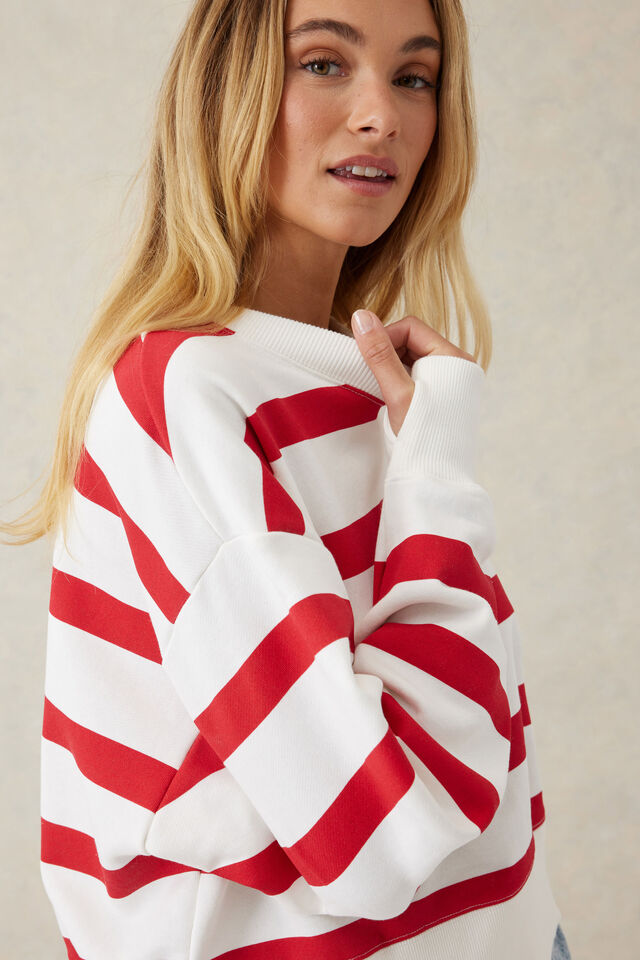 Cropped Slouchy Crew, WARM WHITE RED STRIPE