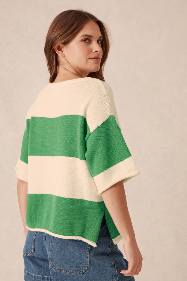 Boxy Knit Tee, GRASS/EGGSHELL BOLD STRIPE