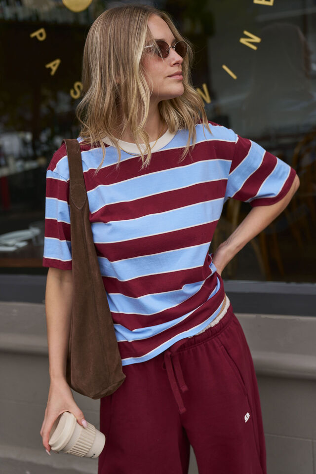 Stevie Slouchy Tee, BURGUNDY/SKY BLUE STRIPE