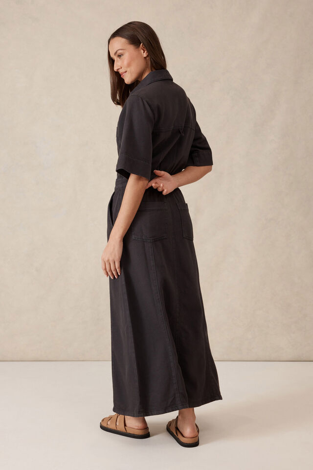 Short Sleeve Denim Maxi Shirt Dress, WASHED BLACK TWILL