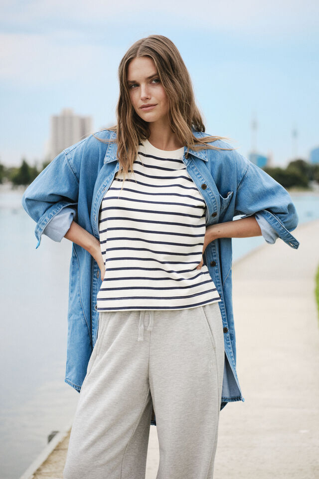 Maeve Longline Panelled Denim Shirt, MID VINTAGE BLUE