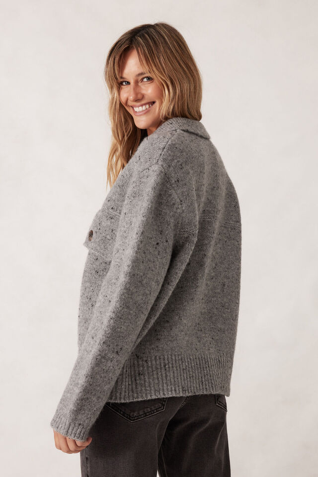 Knit Bomber Cardi, MID GREY NEP