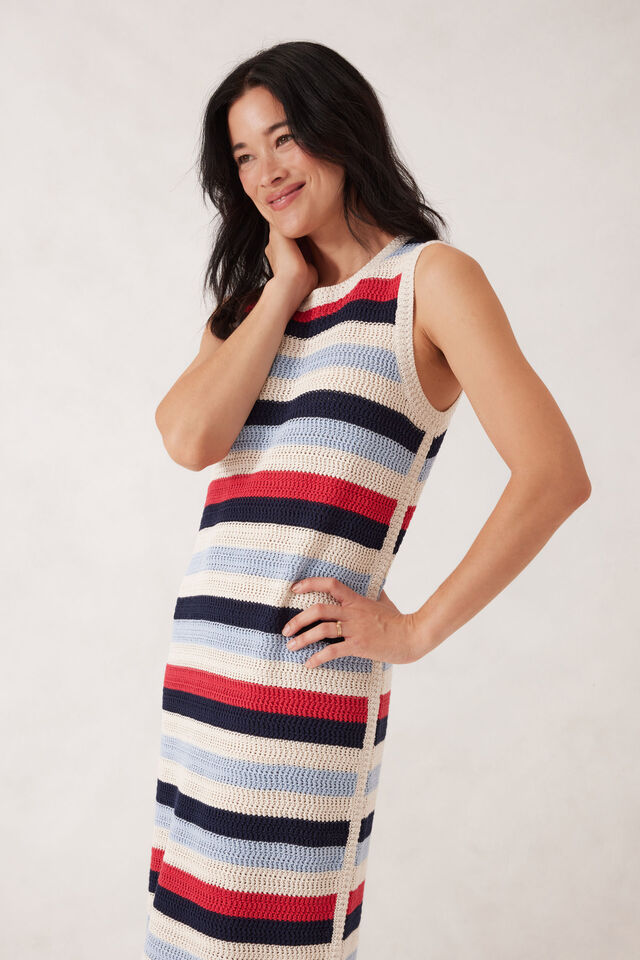 Textured Multi Stripe Knit Midi Dress, HERITAGE RED STRIPE